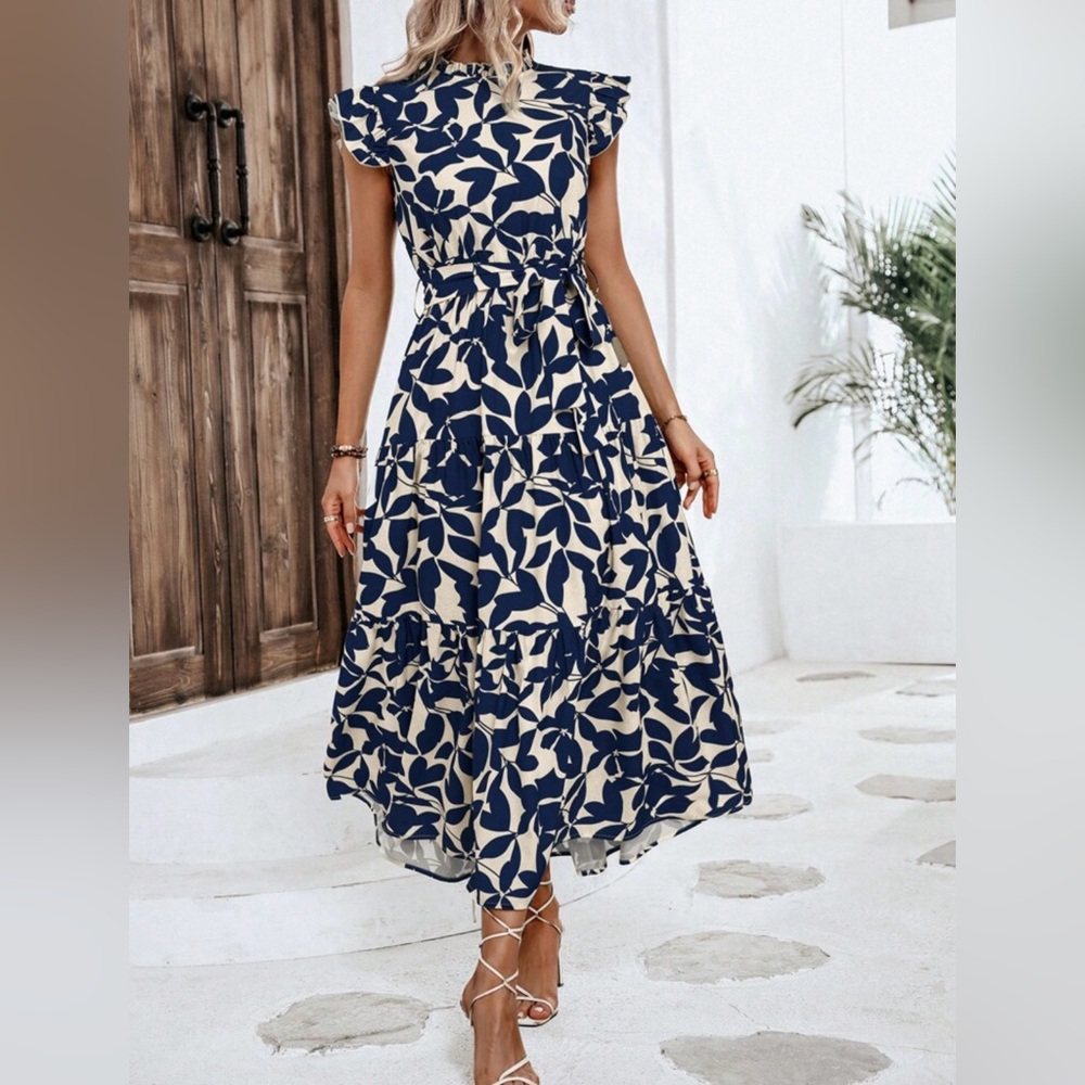 EUC Elegant Navy and Cream Floral Dress - Picture 2 of 6